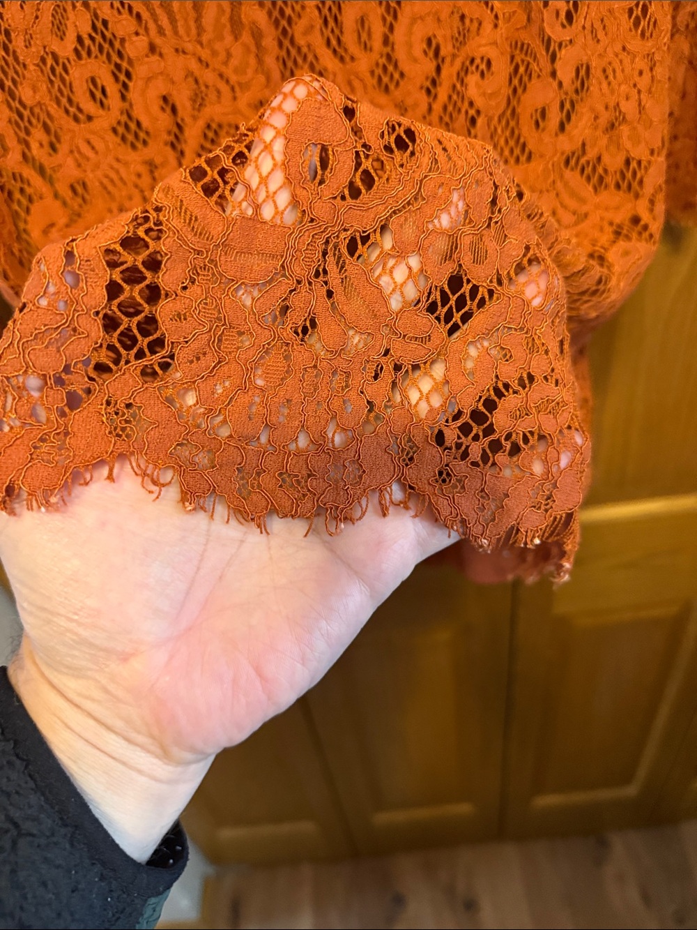 Lace Long-Sleeve Mock Neck Dress- Rust/Size: Medium - Picture 3 of 10